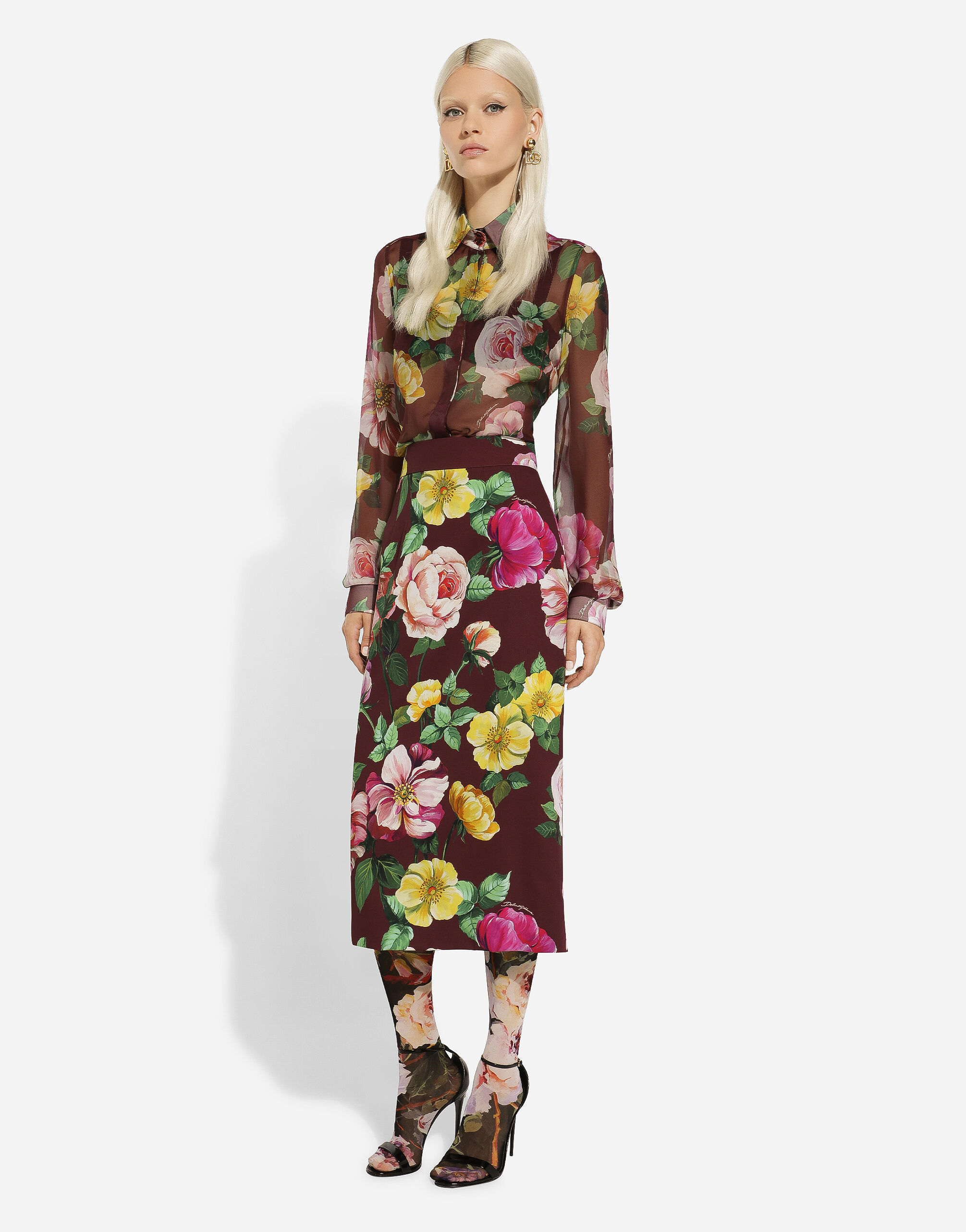Camellia-print chiffon shirt in Print for Women | Dolce&Gabbana® US