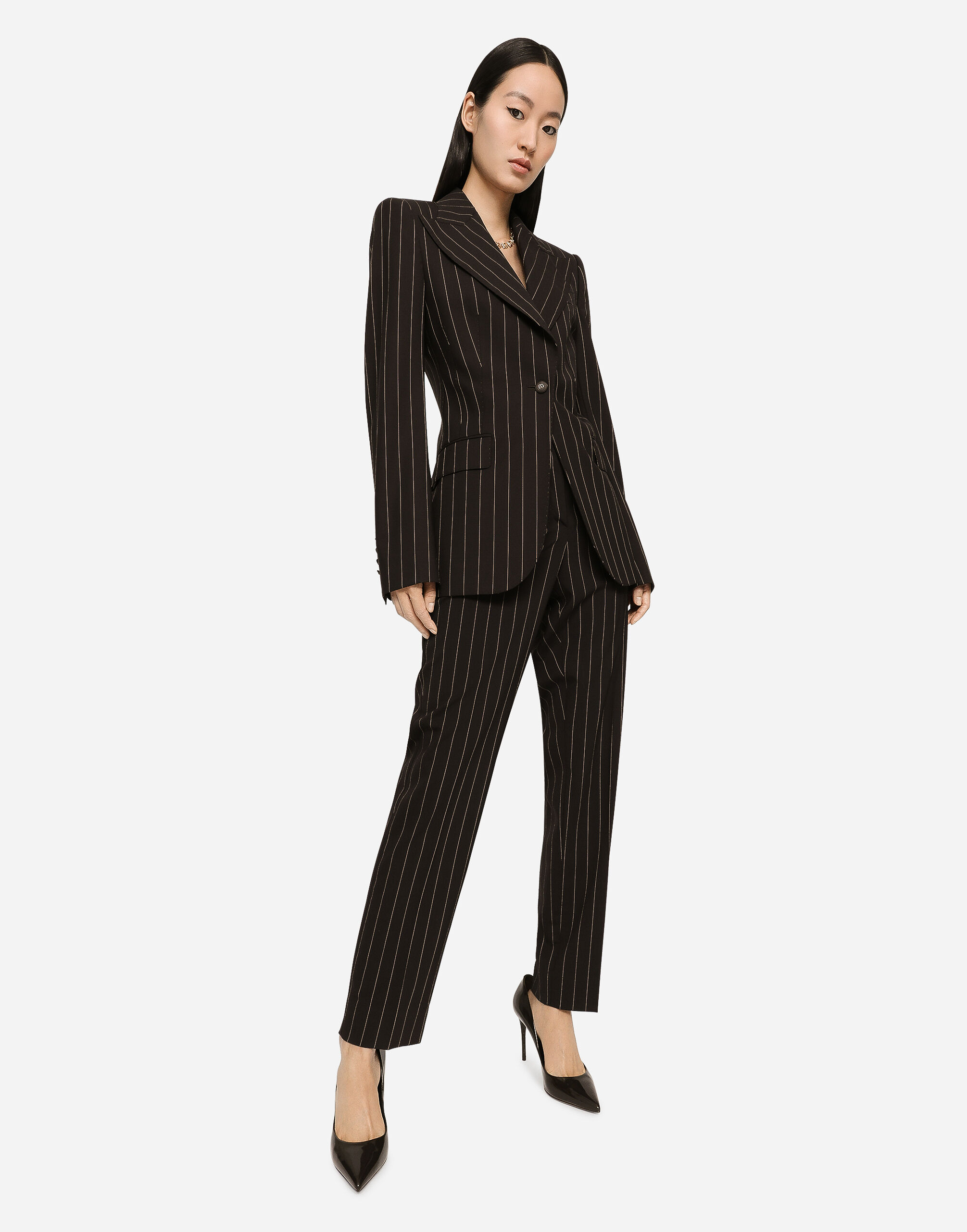 High-waisted pinstripe wool pants in Multicolor for Women