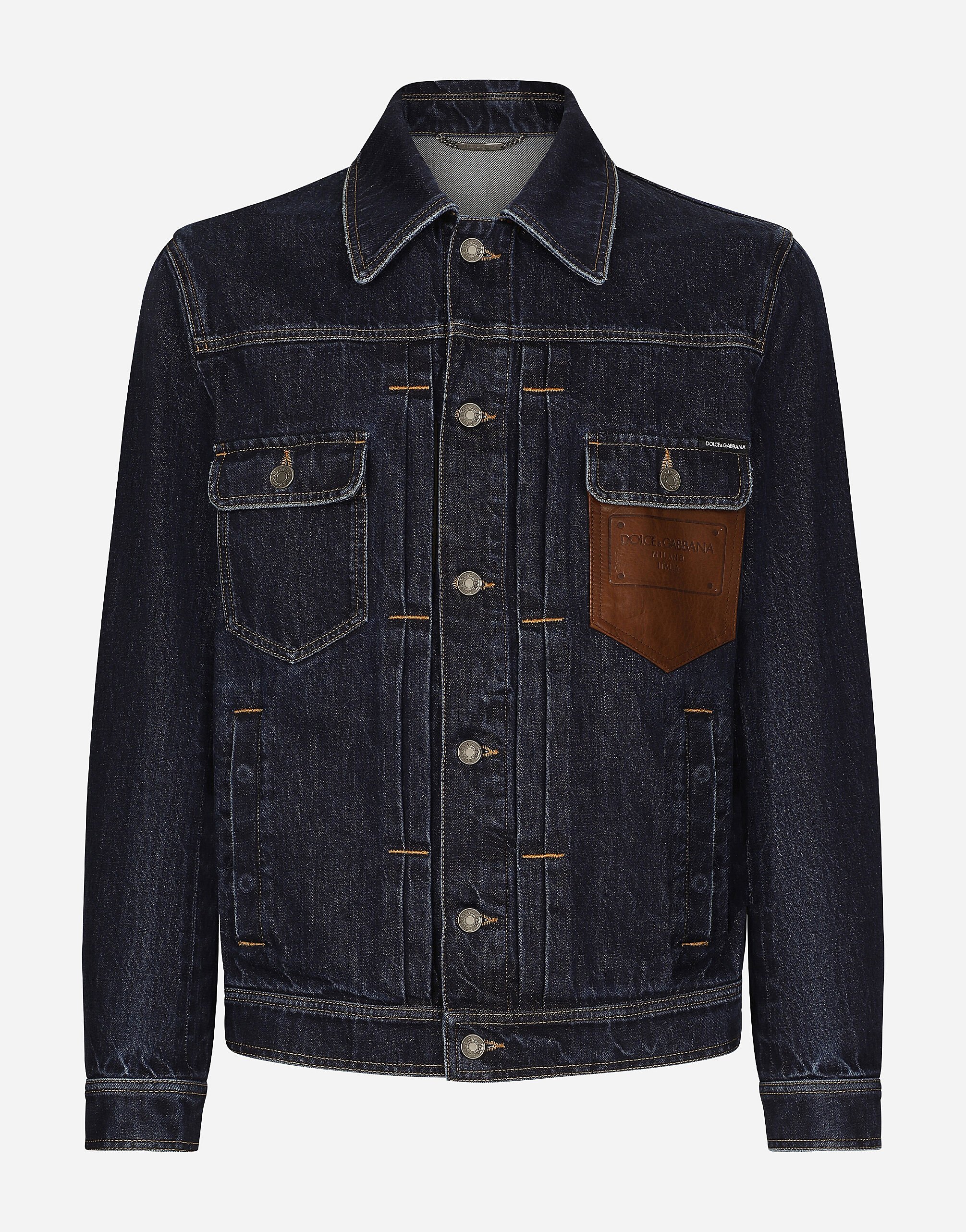 Denim jacket with embossed tag on leather in Multicolor for Men Dolce Gabbana US