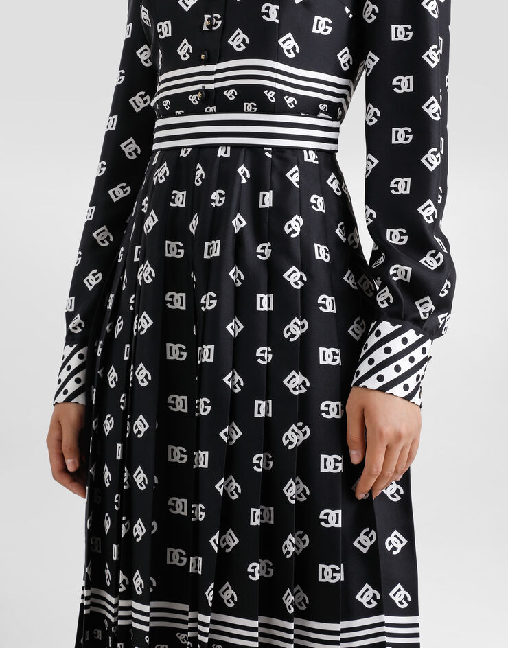Dolce & Gabbana Twill calf-length shirt dress with all-over DG logo scarf print Black F6TMNTGDCVJ