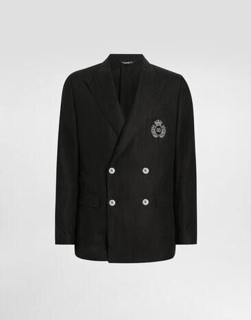 Dolce & Gabbana Zweireihige Jacke aus Leinen mit Patch Schwarz G2TJ2ZFU4K6