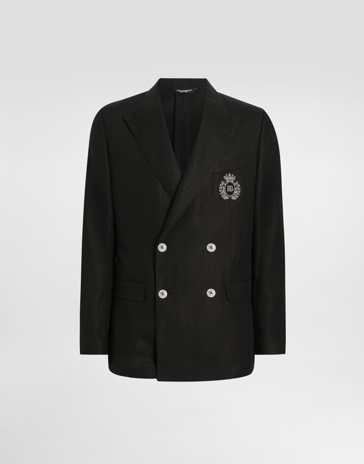 Dolce & Gabbana Double-breasted linen jacket with patch Black G2TJ2ZFU4K6