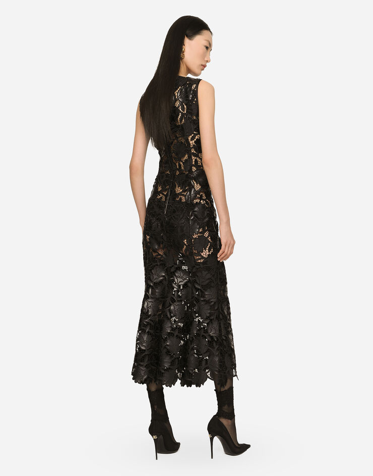 Dolce&Gabbana Faux leather macramé calf-length dress Black F6ATLTFGSAL