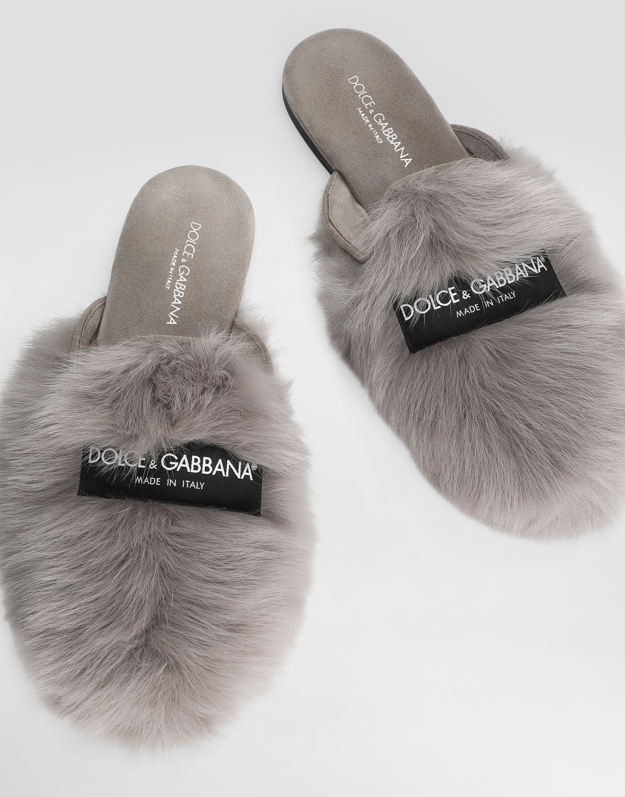 Shearling and suede slippers in Grey for Women | Dolce&Gabbana® US