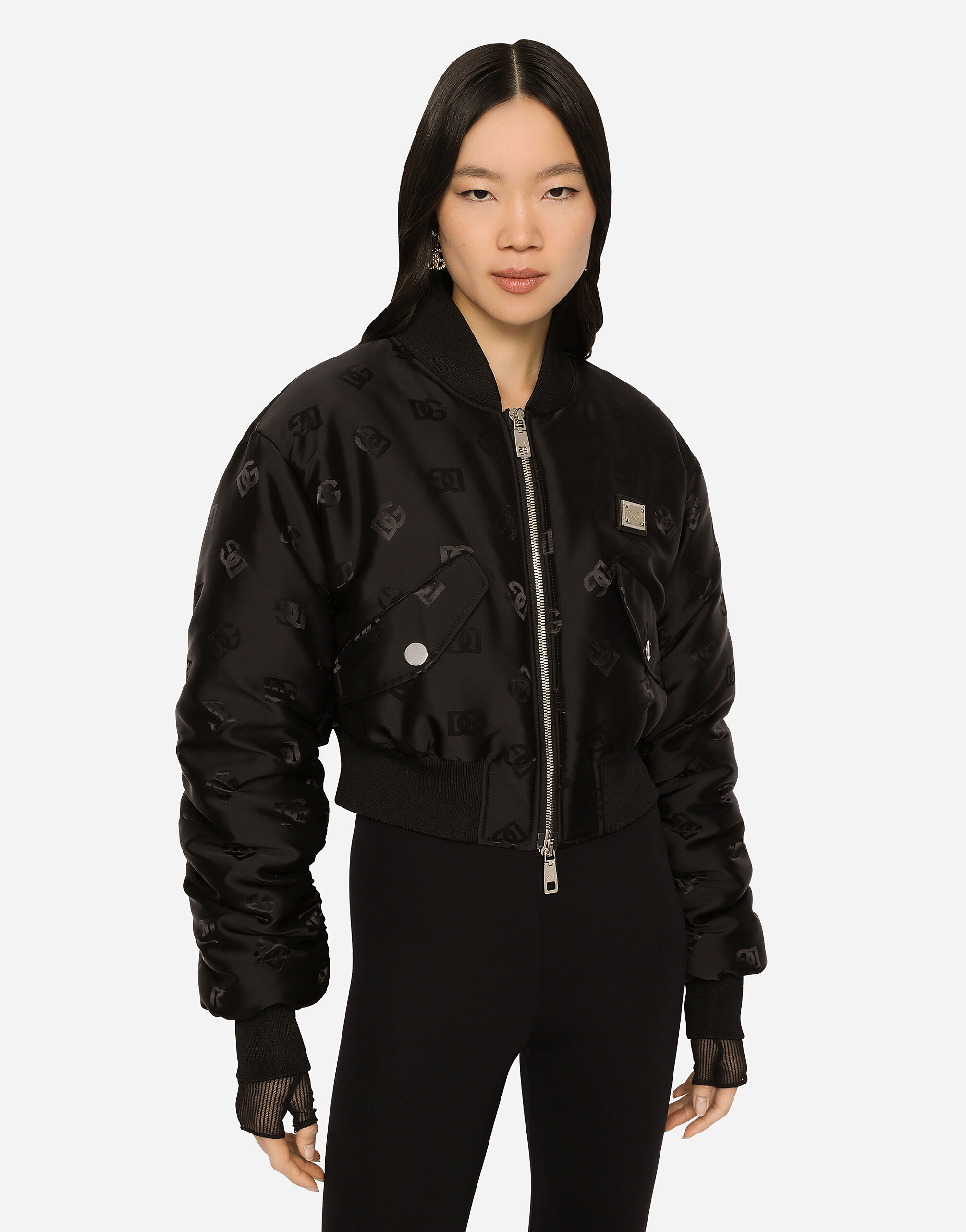 Technical jacquard bomber jacket with DG logo in Black for Women Dolce Gabbana
