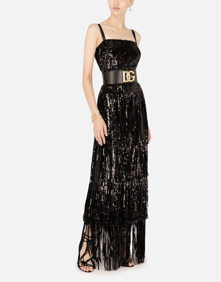 Dolce & Gabbana Long sequined dress with fringing Black F6ZF1ZGDAFK