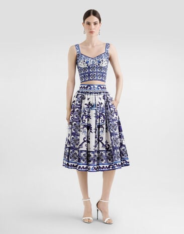 Dolce & Gabbana Jupe midi en popeline à imprimé majoliques Multicolore F4CEHTHH5A6