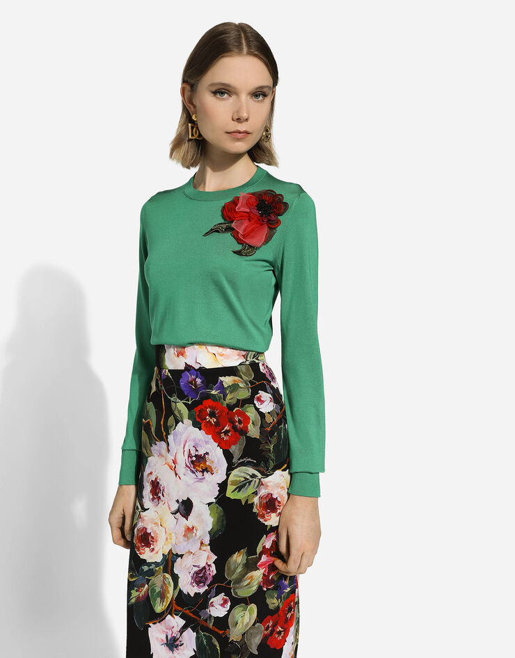 Dolce & Gabbana Silk sweater with flower appliqué Green FXX12ZJBSHX