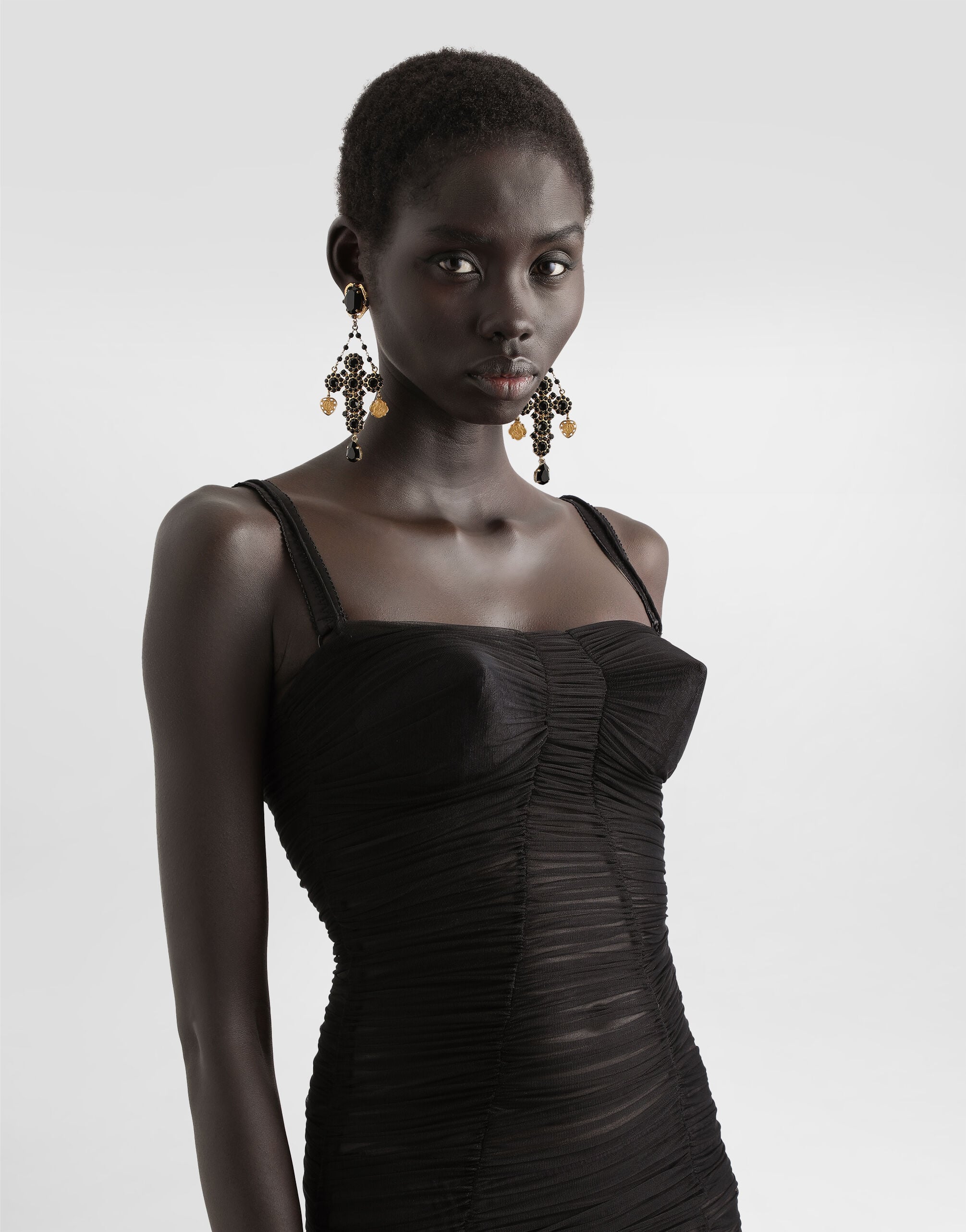 Tulle calf-length dress with draping in Black for Women