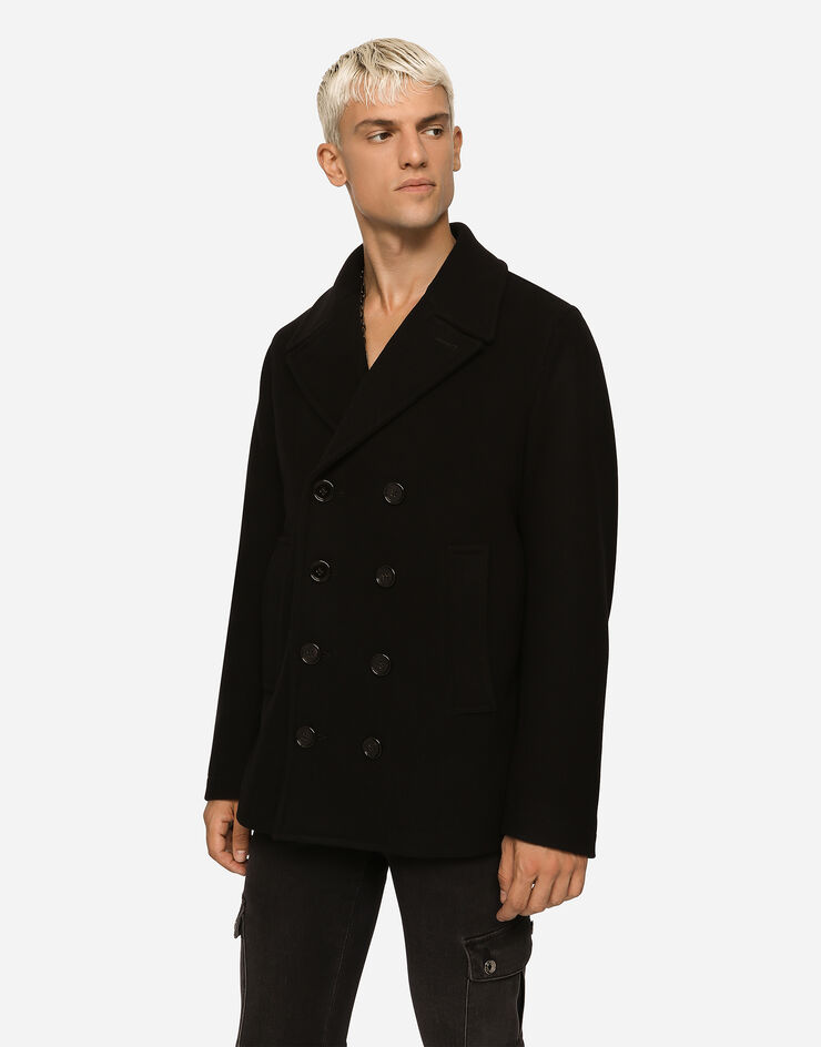 Dolce&Gabbana Double-breasted wool pea coat with branded tag Black G036DTHUMQQ