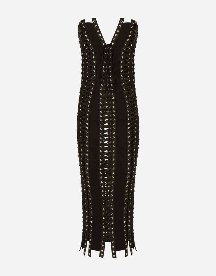 Dolce & Gabbana Vestido longuette de charmeuse con cordones y ojetes Negro F6D6HTFUADB