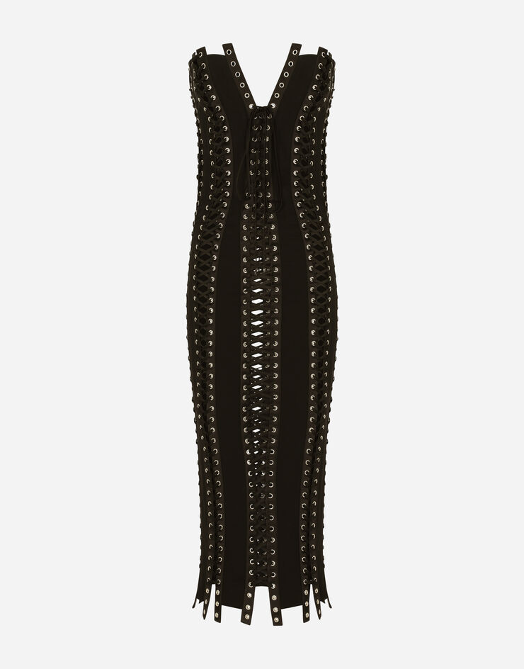 Dolce & Gabbana Charmeuse calf-length dress with laces and eyelets Black F6D6HTFUADB