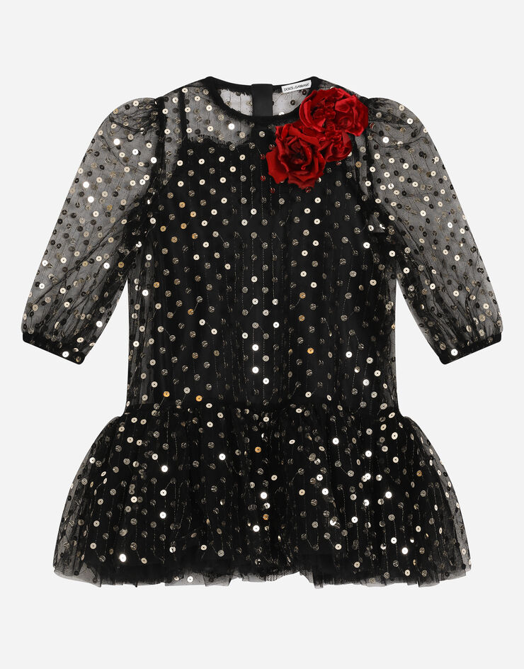 Dolce & Gabbana Kleid aus besticktem Tüll mit Pailletten Schwarz L53DQ6G7K2Q