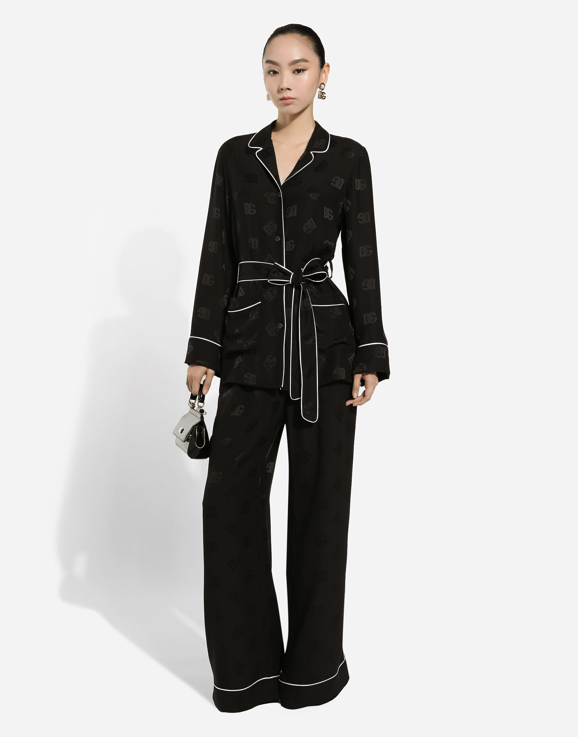 Silk satin jacquard pajama pants with all over DG logo in Black for Women Dolce Gabbana US
