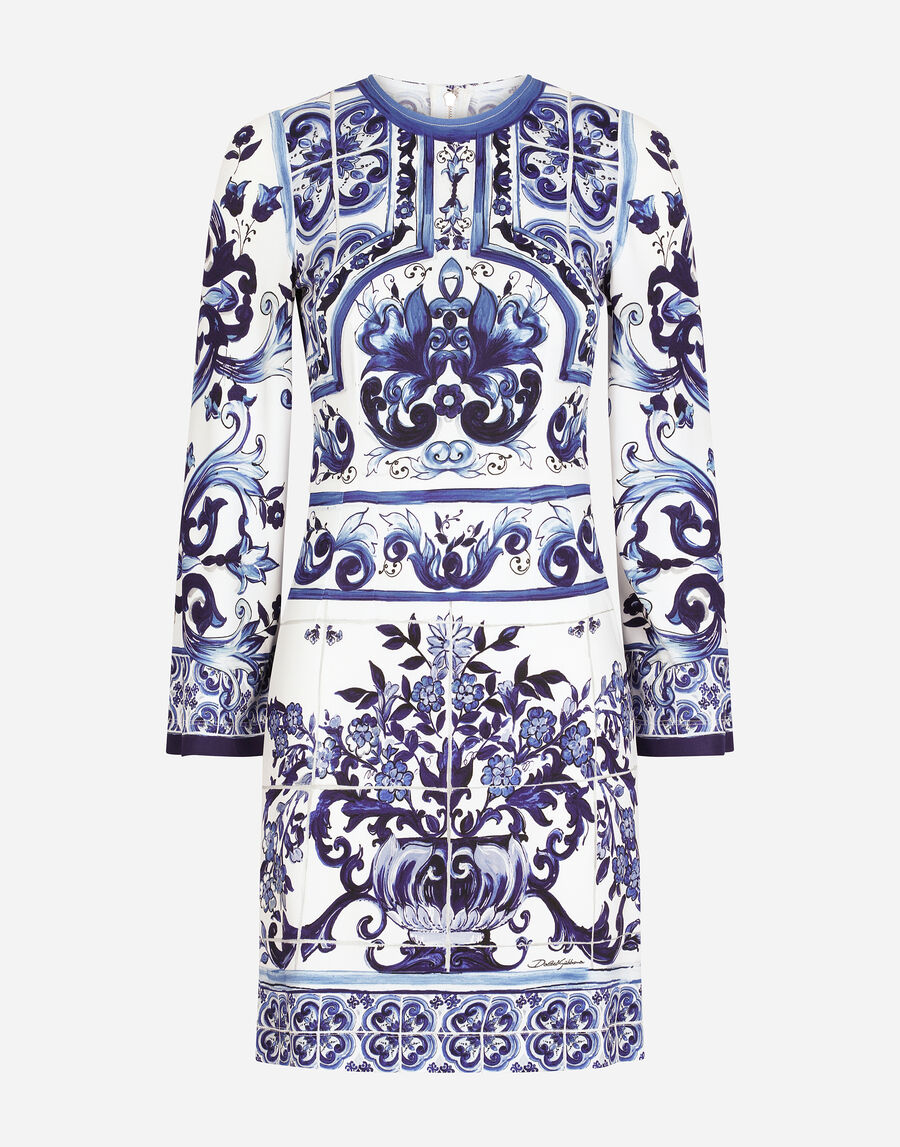 Short majolica-print organzine dress