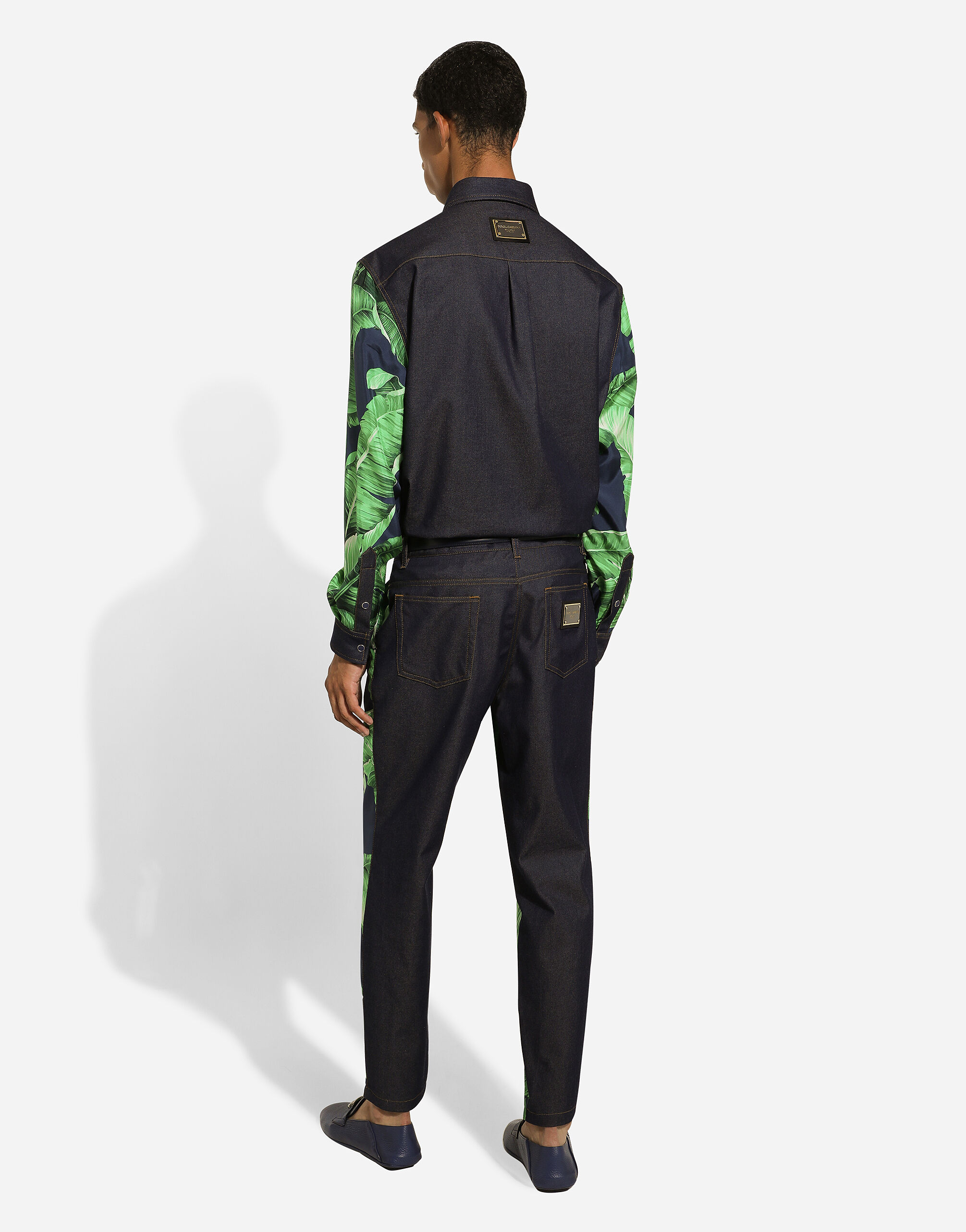 Silk and stretch denim shirt with banana tree print in Print for Men Dolce Gabbana US