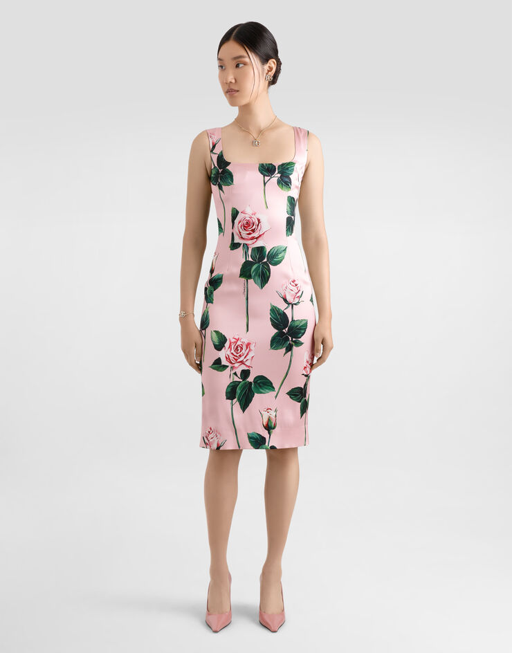 Dolce & Gabbana Satin calf-length sheath dress with rose print Print F6TKZTFSIBT