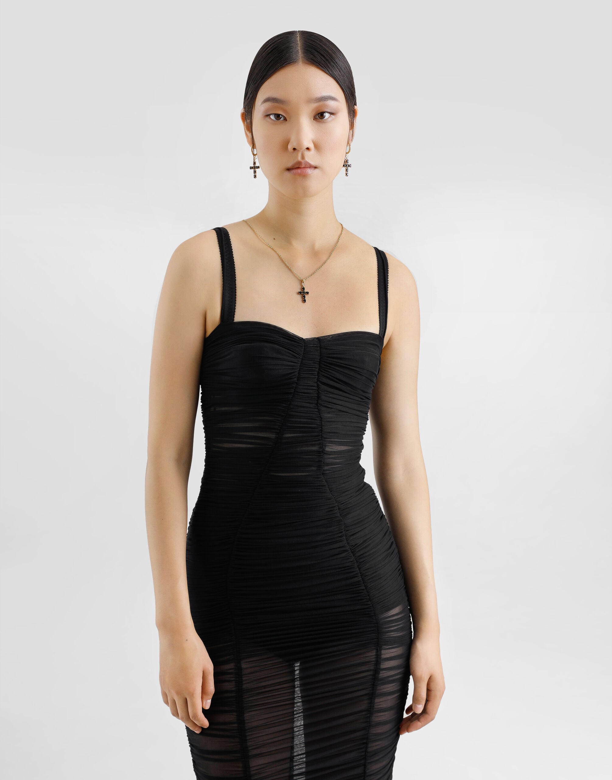 Calf-length stretch tulle slip dress in Black for Women