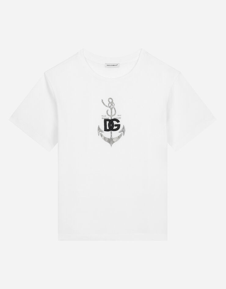 Dolce & Gabbana T-Shirt aus Jersey Anker-Print und DG-Logostickerei Weiss L4JTEYG7L0A
