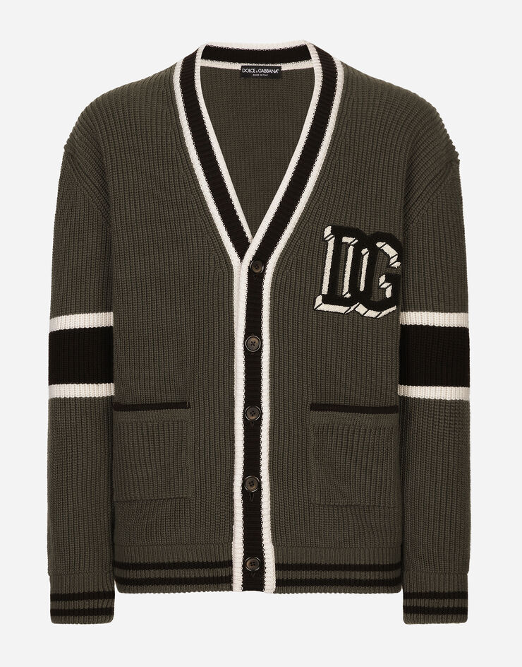 Dolce & Gabbana Cardigan en laine côtes anglaises avec écusson logo DG Vert GXV13ZJCVYC