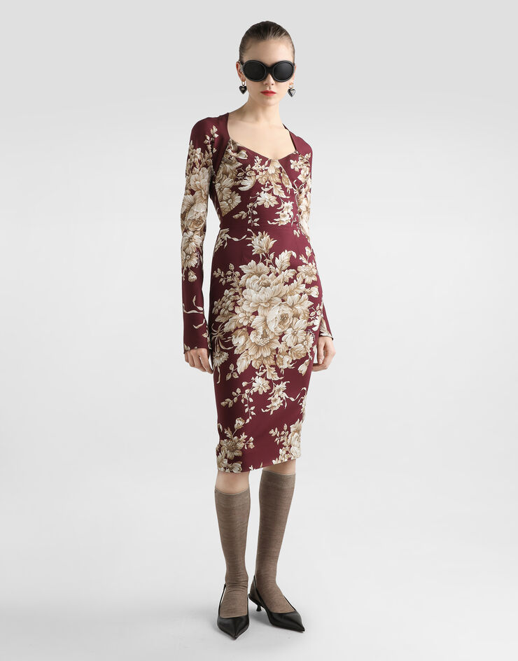 Dolce & Gabbana Kleid aus Charmeuse mit Rosenprint Drucken F6TMRTFSA7Y