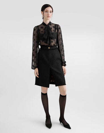 Dolce & Gabbana Raschel tweed midi skirt with central slit and DG logo Black F4C2DTGDCLW