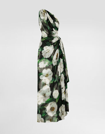 Dolce & Gabbana Long one-shoulder gardenia-print chiffon dress Black F0G1VZFUBGE