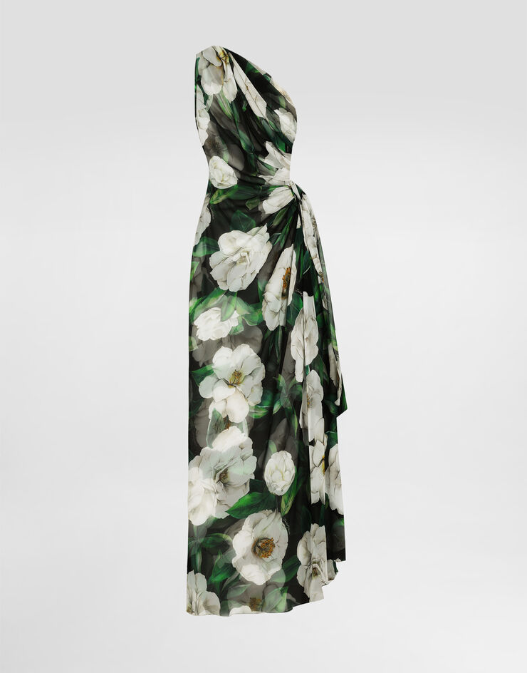 Dolce & Gabbana Long one-shoulder gardenia-print chiffon dress Print F6TLHTIS1XD