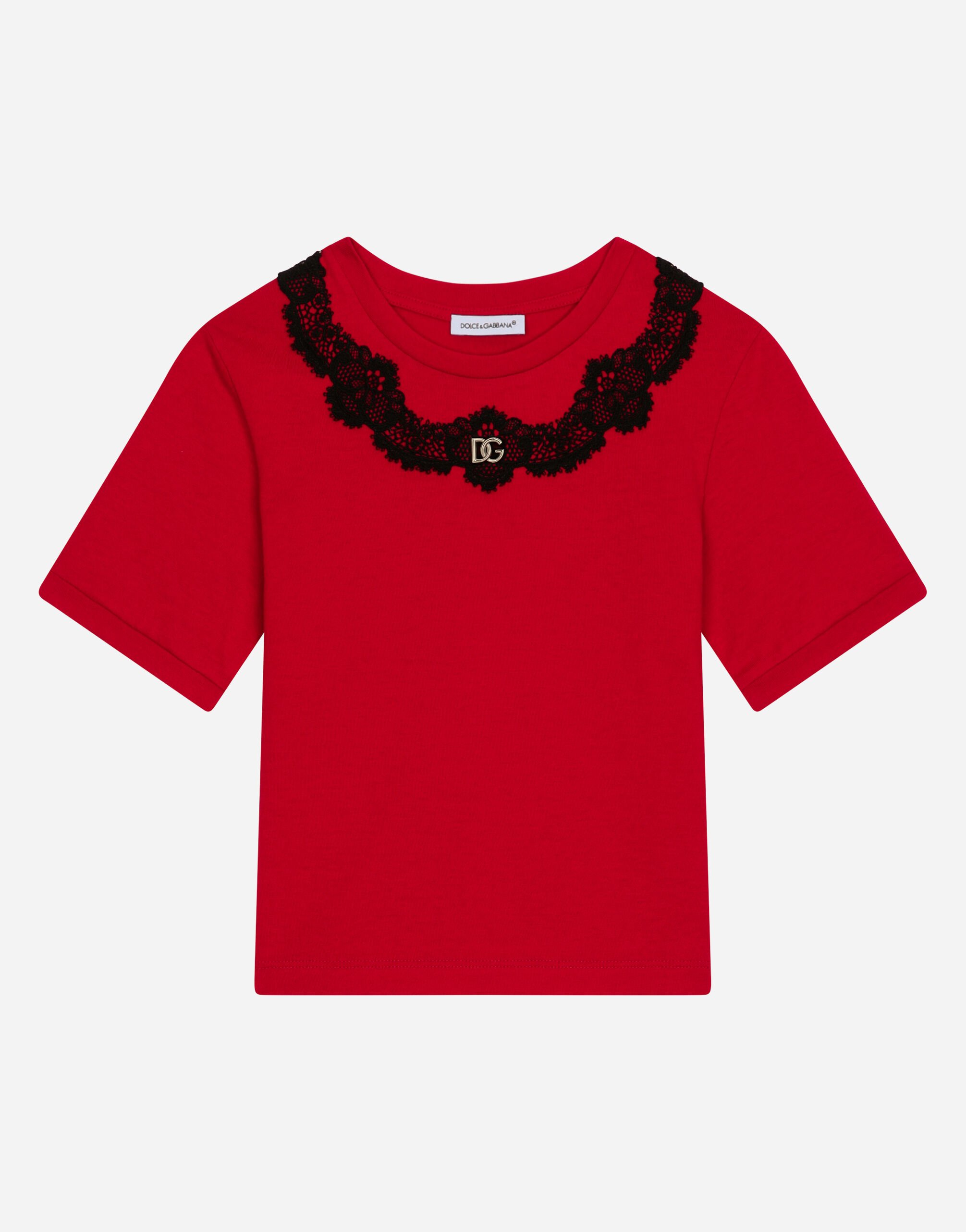 Jersey T shirt with lace insert in Red for Dolce Gabbana US