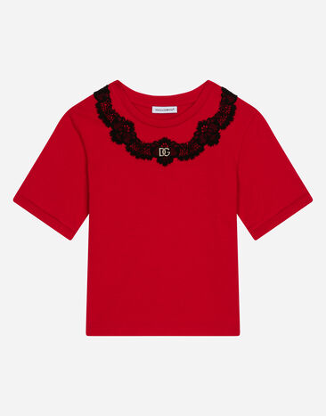 Dolce & Gabbana Jersey T-shirt with lace insert Red L5JTKYG7I4N