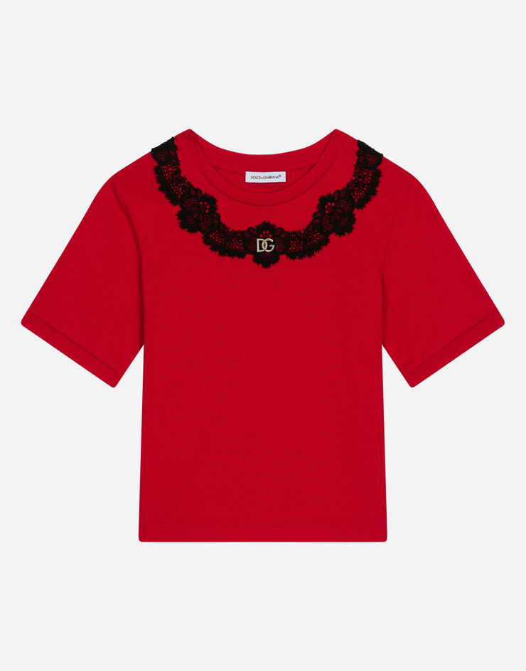 Dolce & Gabbana Camiseta de punto con aplicación de encaje Rojo L5JTKYG7I4N