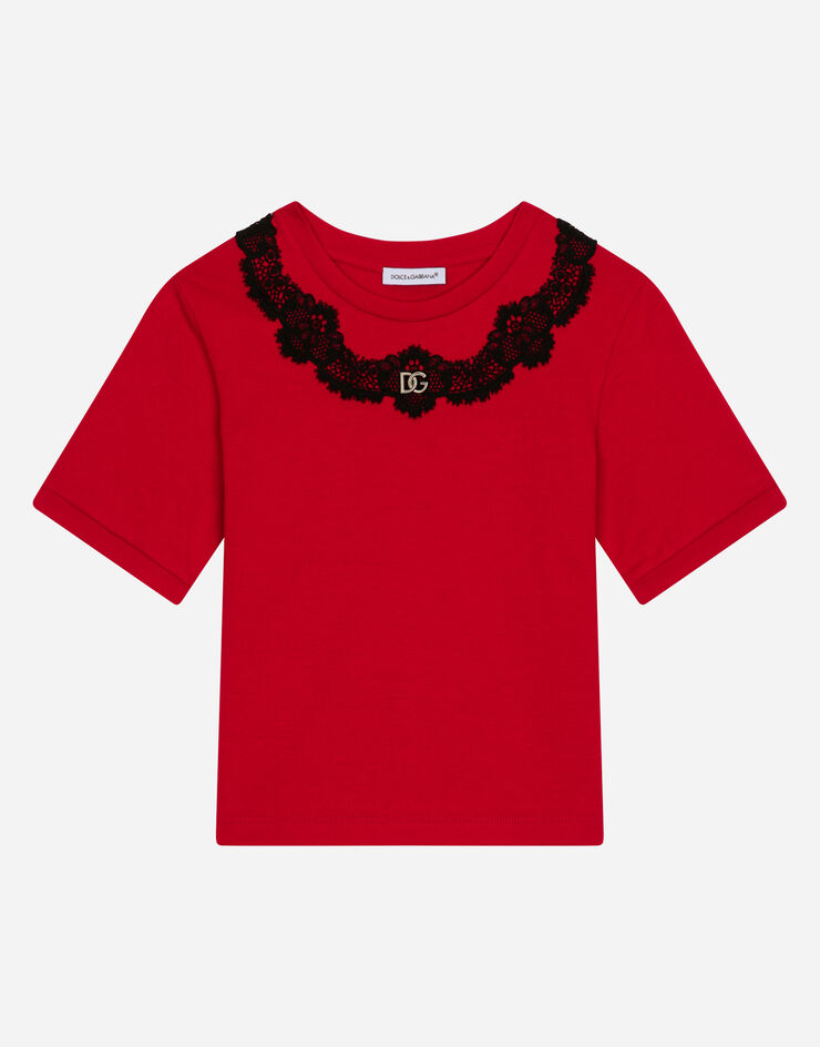Dolce & Gabbana T-Shirt aus Jersey mit Einsatz aus Spitze Rot L5JTKYG7I4N