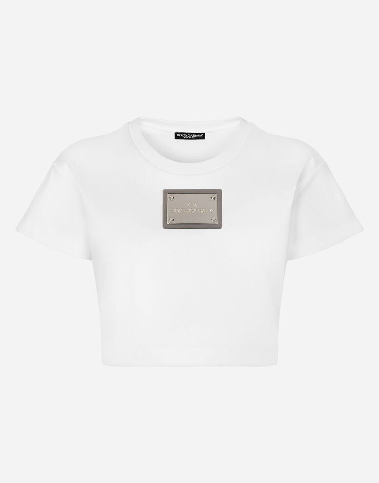 Dolce & Gabbana KIM DOLCE&GABBANA Cropped-T-Shirt mit Logoplakette „KIM Dolce&Gabbana“ Weiss F8S21THU7H8