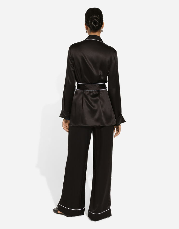 Dolce & Gabbana Camicia pigiama in seta con piping in contrasto Nero F5N53TFU1AU