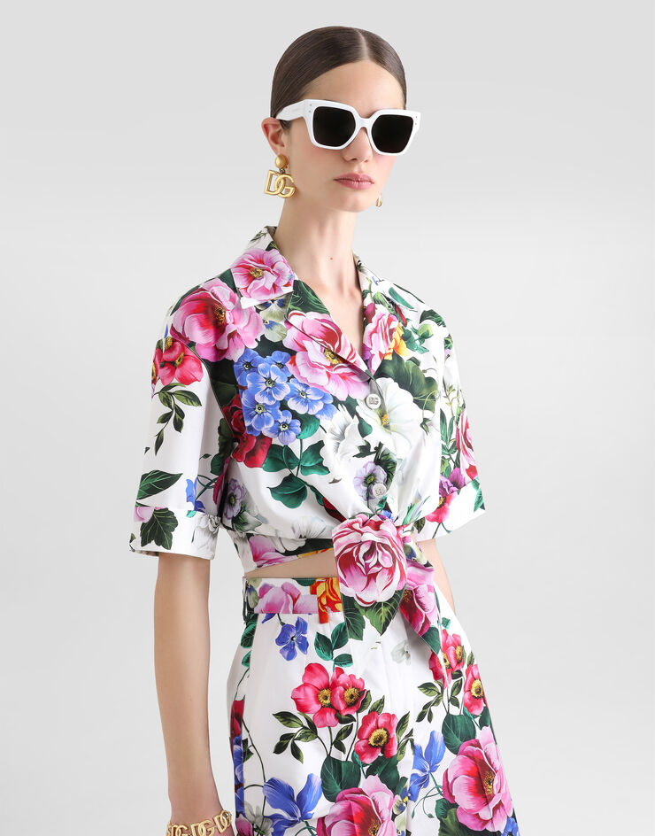 Dolce & Gabbana Cotton pussy-bow shirt with floral print Print F5T30THS5S6