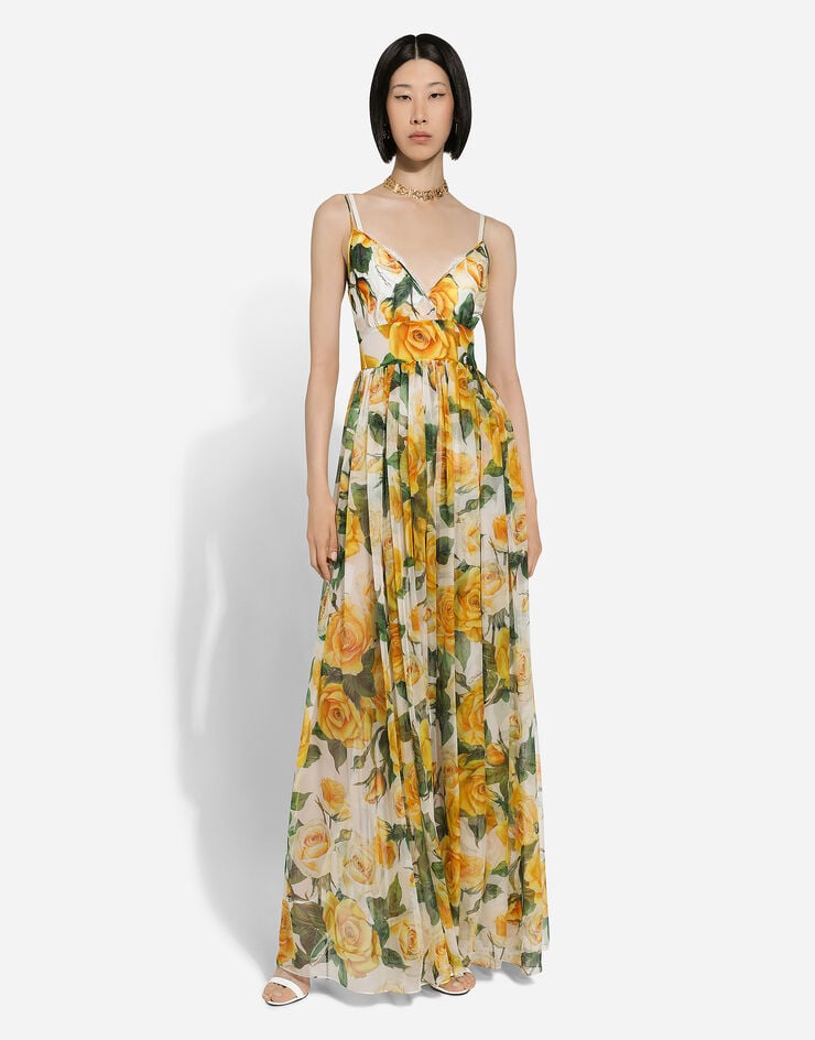 Dolce & Gabbana Vestido largo en chifón de seda con estampado de rosas amarillas Imprima F6J8BTIS1P2