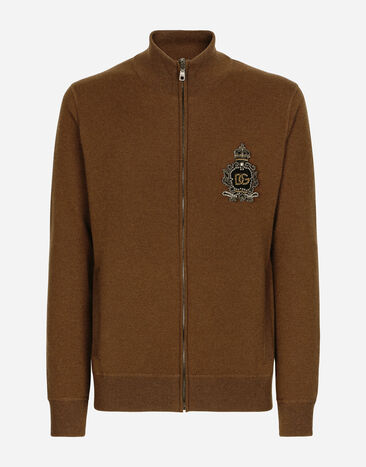Dolce&Gabbana ジップアップジャケット ウール＆カシミアニット DGパッチ ブラウン GXQ54ZJFMQ2