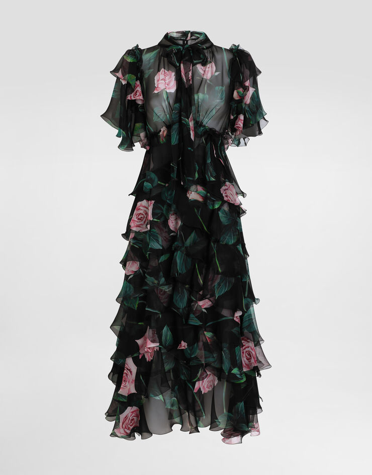 Dolce & Gabbana Rose-print chiffon calf-length dress with ruffles and flounces Print F6B3ITIS1XA