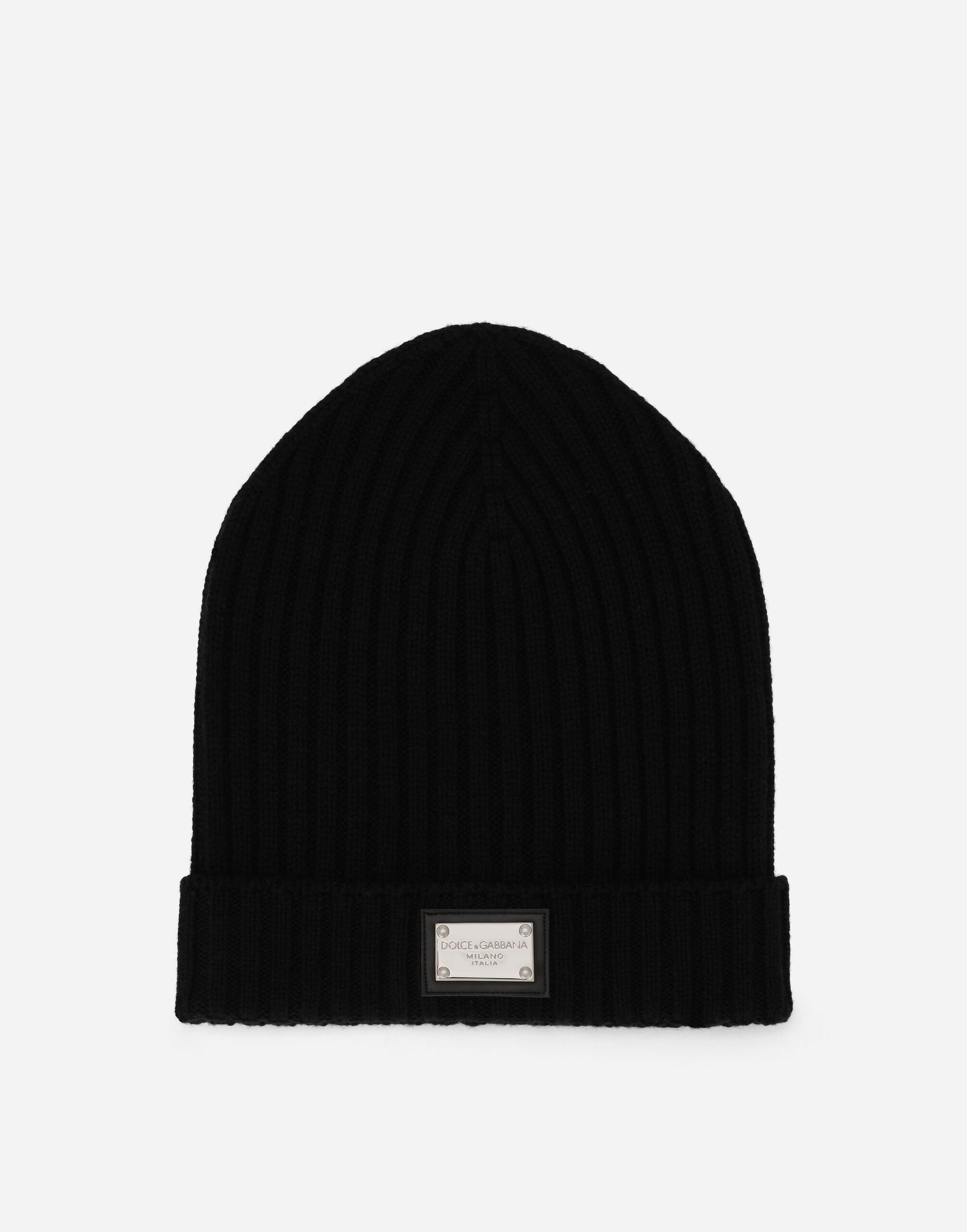Dolce & Gabbana Ribbed knit hat with logo tag Black EM0125AB205