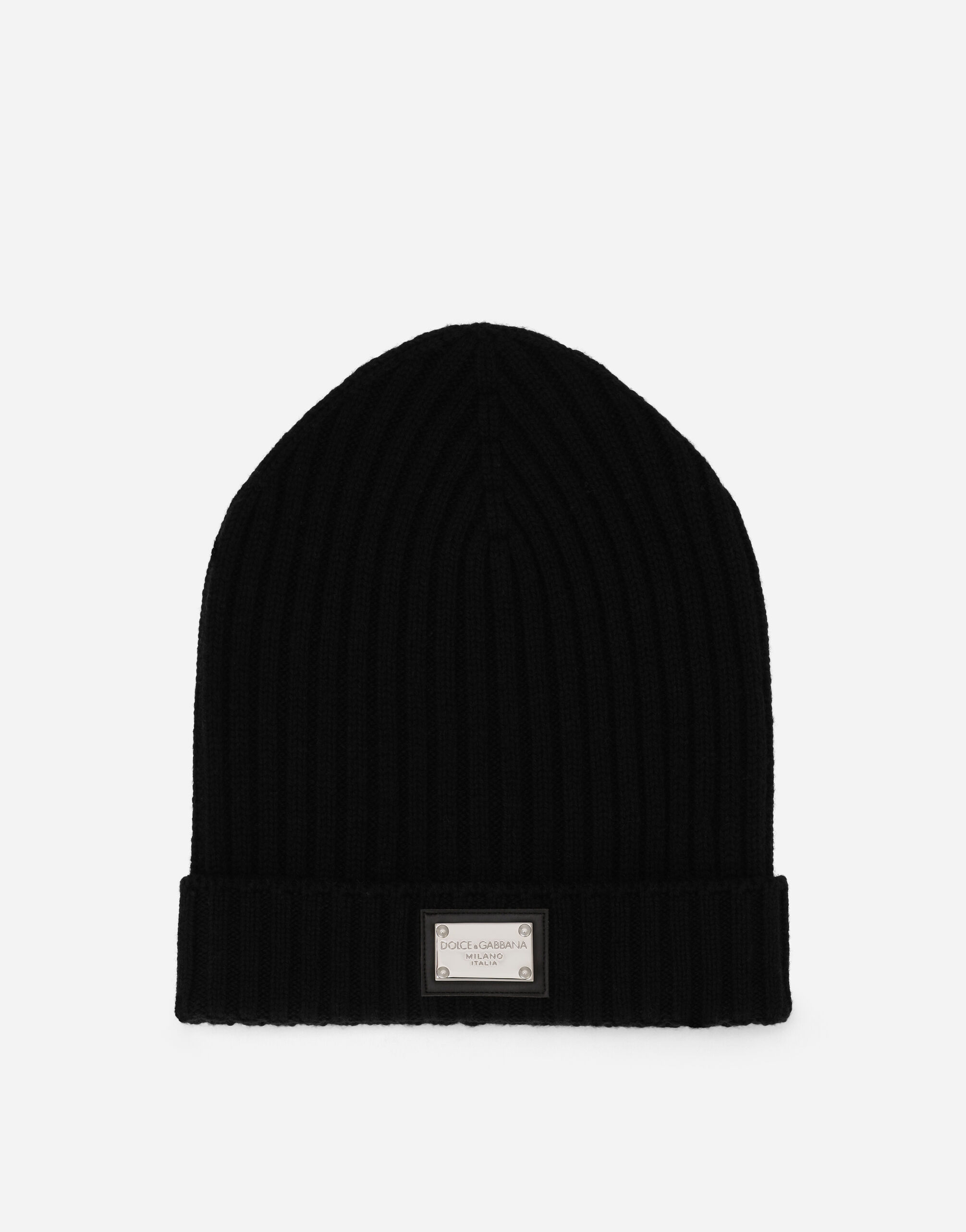 Dolce & Gabbana Ribbed knit hat with logo tag Black EM0125AB205