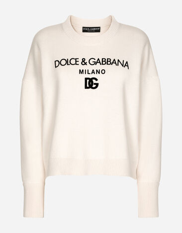 Dolce & Gabbana Pullover aus Kaschmir mit geflocktem DG-Logo Weiss FXJ50TJAWU1
