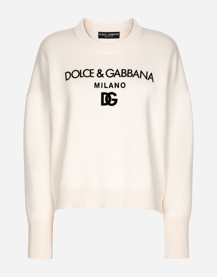 Dolce & Gabbana Maglia in cashmere con logo DG flock Bianco FXJ50TJAWU1