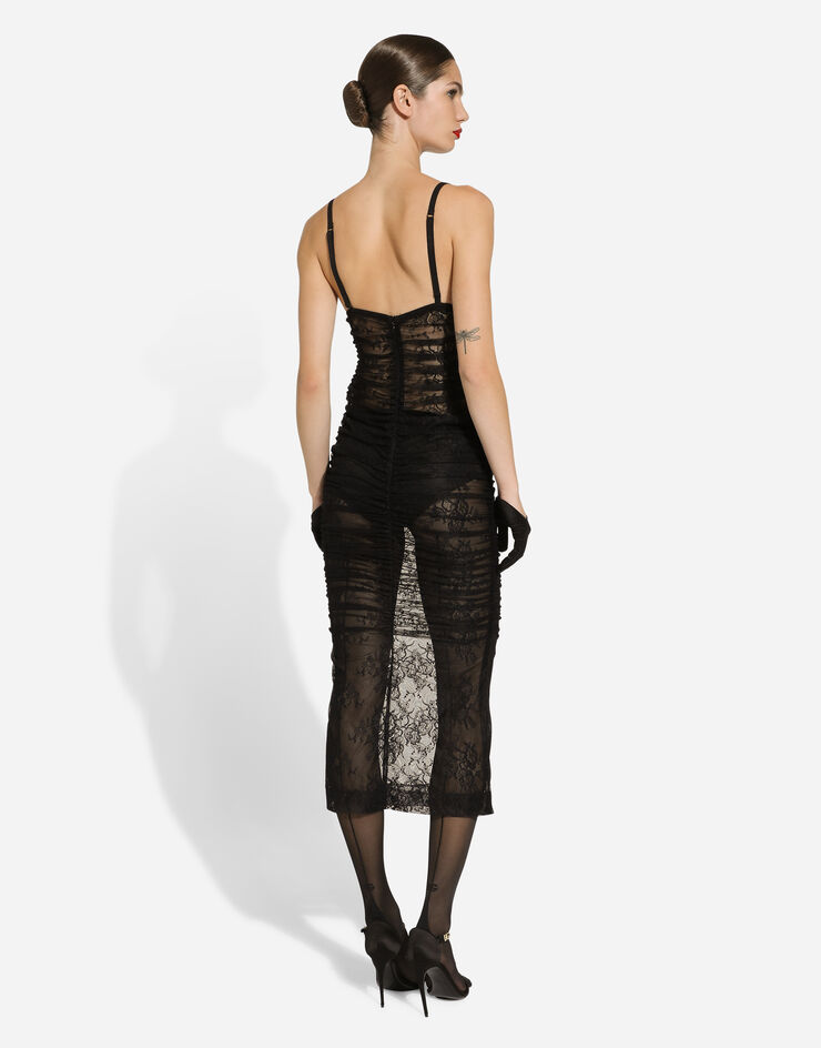 Dolce & Gabbana Vestido longuette tipo combinación de encaje Chantilly elástico Negro F6JRUTFLREW