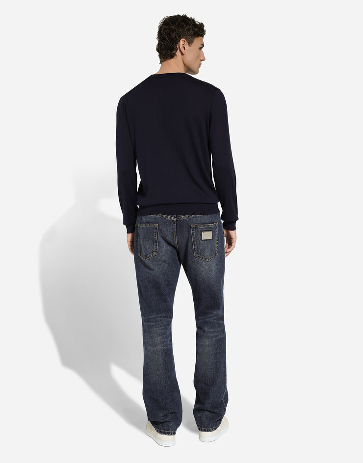Dolce & Gabbana Silk round-neck sweater with DG embroidery  Blue GXX02ZJBSF8