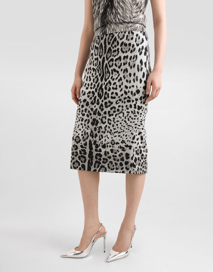 Dolce & Gabbana Charmeuse calf-length pencil skirt with leopard print Print F4B6UTFSADD