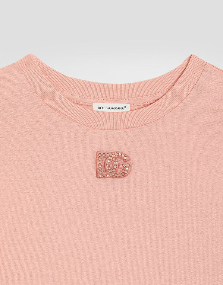 Dolce & Gabbana Jersey t-shirt with DG patch and rhinestones Pink L5JTNJG7PRV