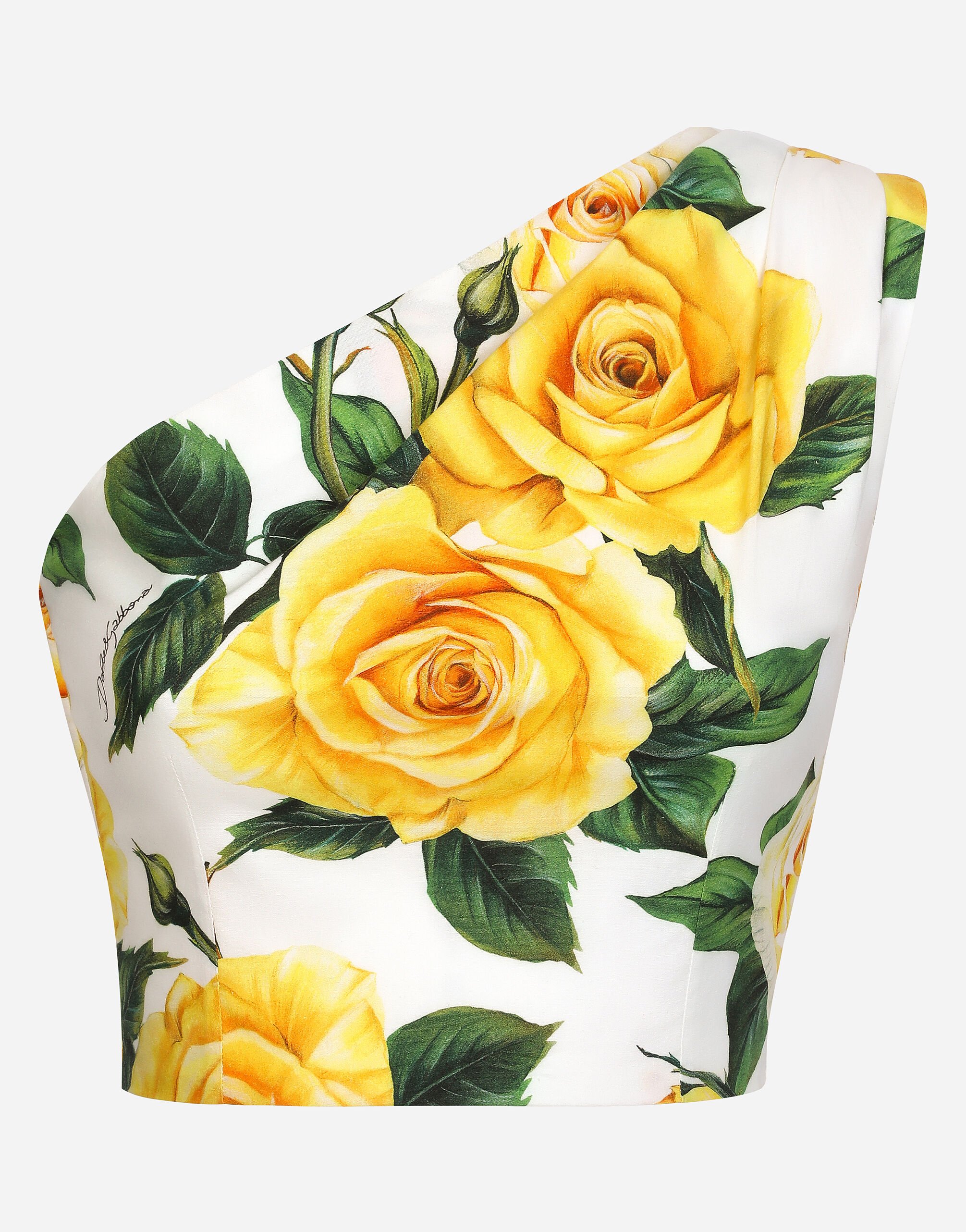 Dolce & Gabbana Kurzes One-Shoulder-Top aus Baumwolle Gelbe-Rosen-Print Print F5Q08THS5Q0
