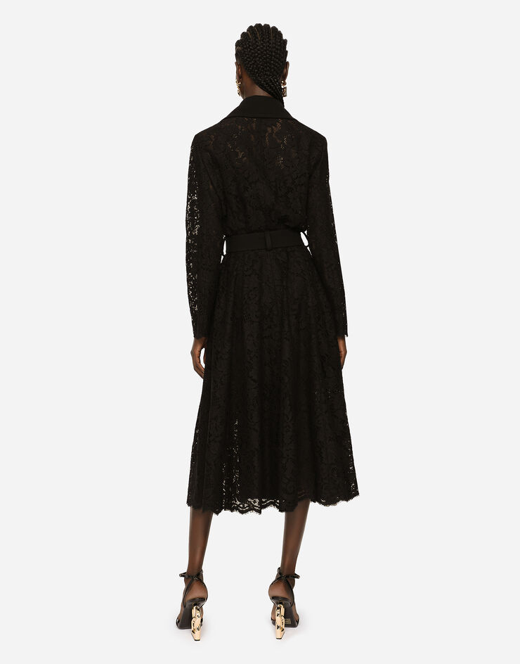 Dolce & Gabbana 腰带款蕾丝绉绸双排扣大衣 黑 F0AD2THLMTB