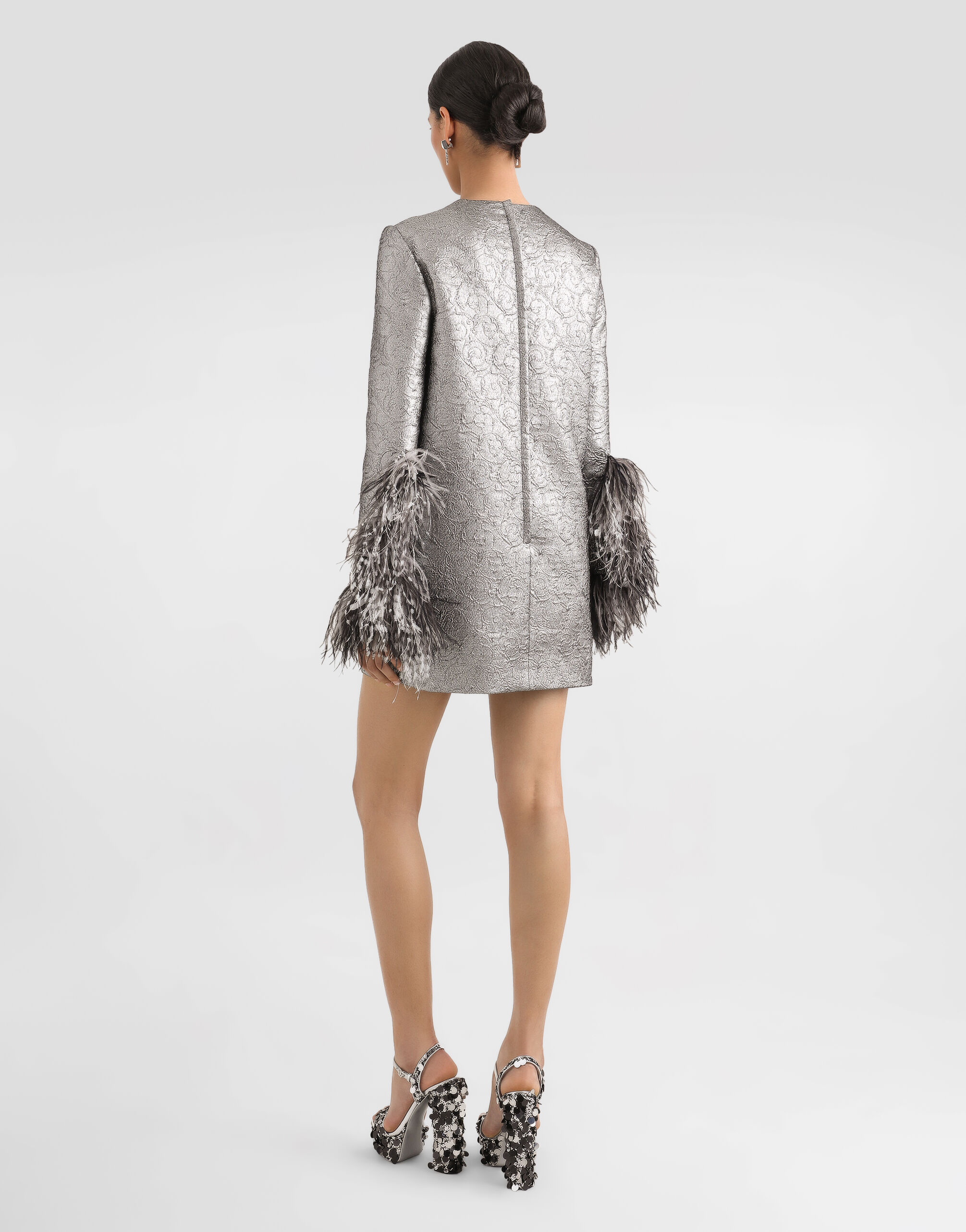 Quilted lamé jacquard sack minidress with feathered cuffs in