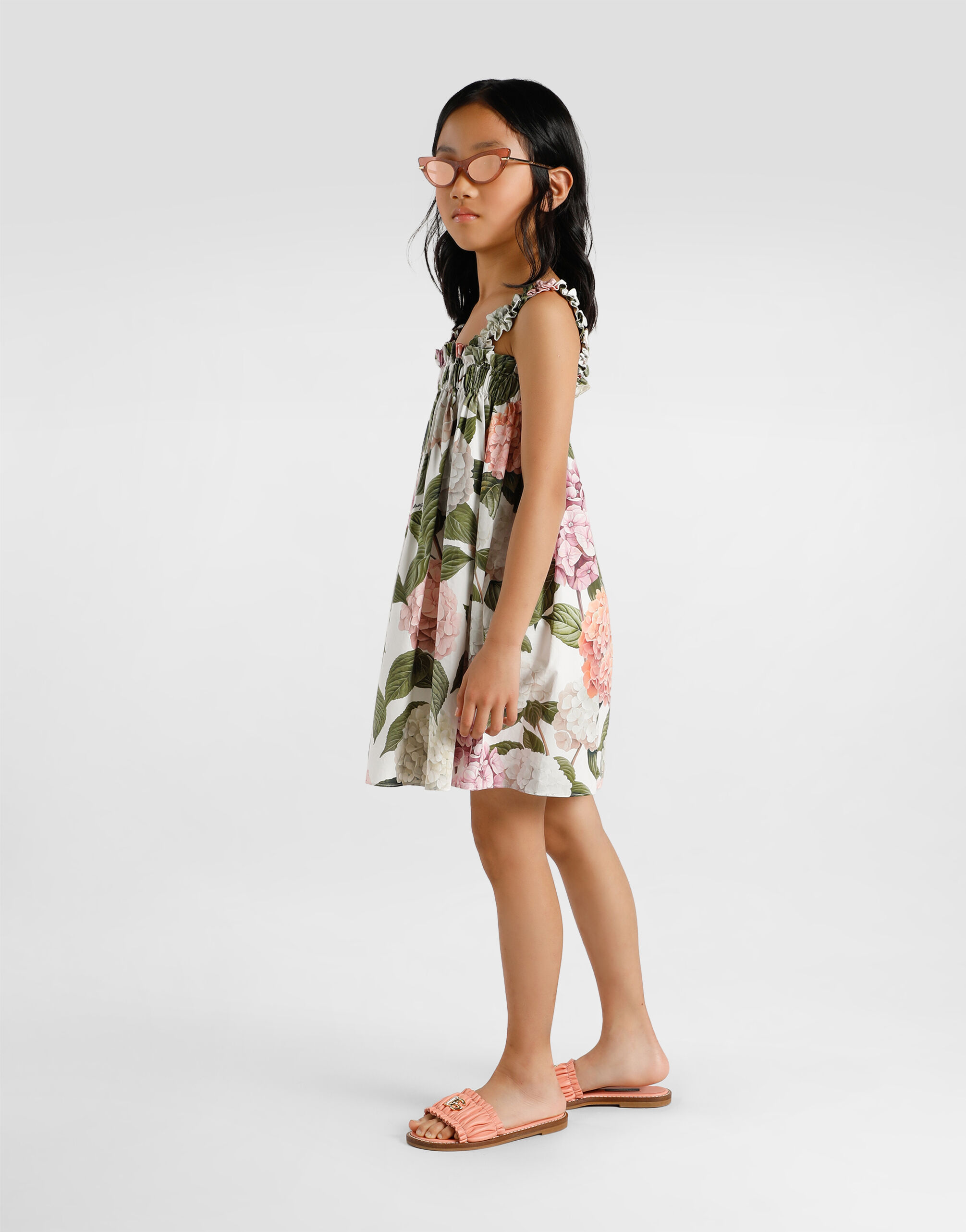 Hydrangea-print poplin dress in Multicolor for Girls | Dolce&Gabbana®